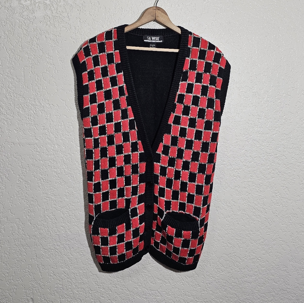 Vintage SK Wear Black/Red Checkered Funky Sweater Vest